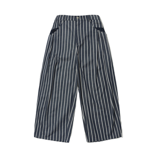 TIRES26SS 复古阔腿条纹裤气球宽松牛仔日系调节腰围通勤休闲长裤