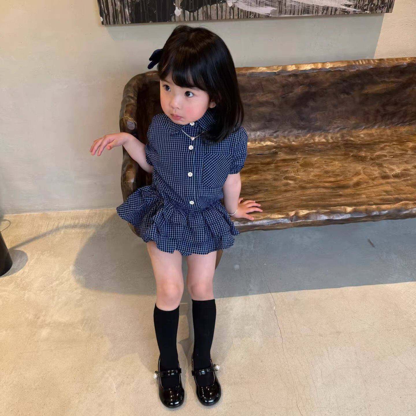 韩国女童套装2026夏季儿童超好看设计感蓝色格子衬衫宝宝花边短裙