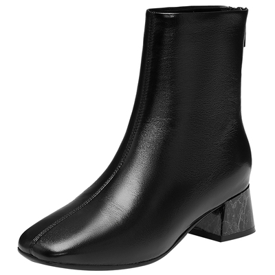 真美诗冬新款细腻羊皮气质方头简约粗跟时装靴短靴女J9203DZ4