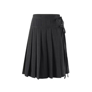 日系深灰色系带西装百褶裙女秋季复古设计感知识分子显瘦高腰中裙