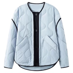 章若楠同款蓝色菱格轻薄羽绒服棉服女冬季新款韩系短款白鸭绒外套