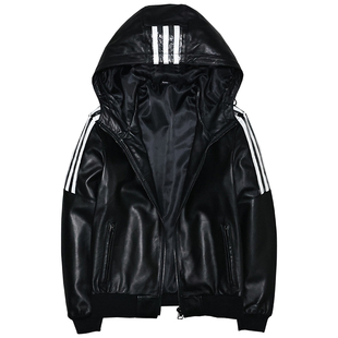 柔软头层绵羊真皮皮衣男女青年简约修身休闲连帽衫运动夹克外套阎