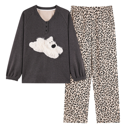 睡衣女款秋冬季德绒长袖套头宽松加厚磨毛可爱网红豹纹家居服套装