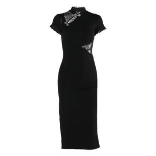 wannathis 暗黑风修身改良旗袍女新中式黑色长裙性感蛛网拼接裙子