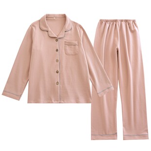 出口日本加厚纯棉情侣睡衣套装女春秋冬季长袖家居服男士纯色大码