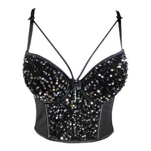网纱拼接亮片鱼骨软支撑胸衣钢圈短款背心束胸性感撞色舞台欧美风