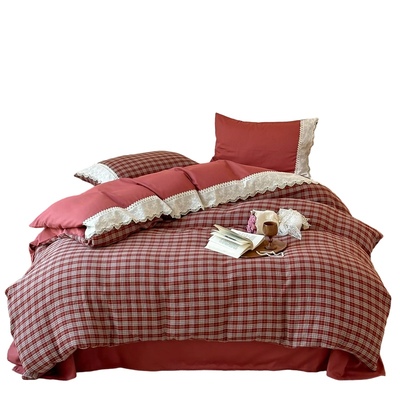 简约红色格子花边款提花双层纱全棉四件套高级感纯棉柔软裸睡床品