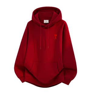Ami iepo官方酒红色连帽卫衣男女款秋冬季时尚百搭休闲运动风上衣