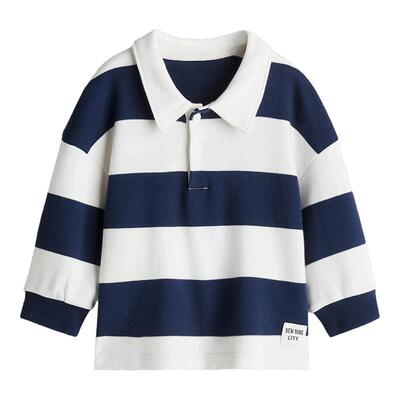 HM童装男婴T恤夏季洋气运动条纹长袖内搭橄榄球衫上衣1297424