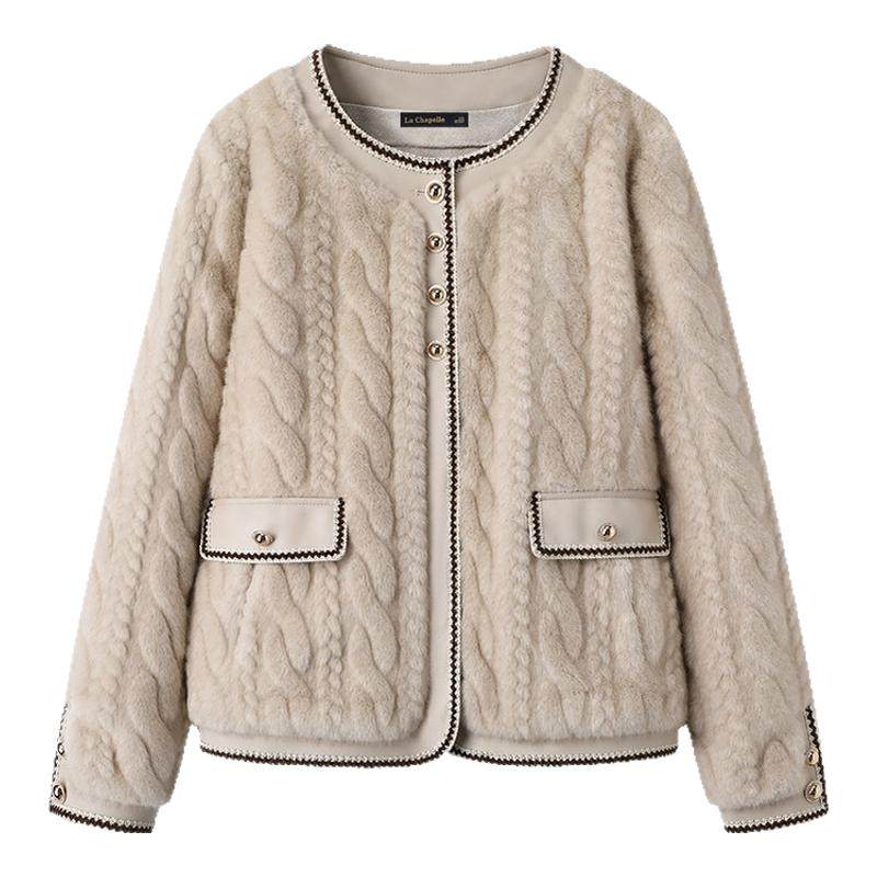 拉夏贝尔/La Chapelle韩版皮毛一体外套女冬季新款小香风毛毛上衣