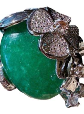 巴西绿玉髓宝石花朵戒指 富婆的快乐镀18K金复古繁花翠榴锆石戒指