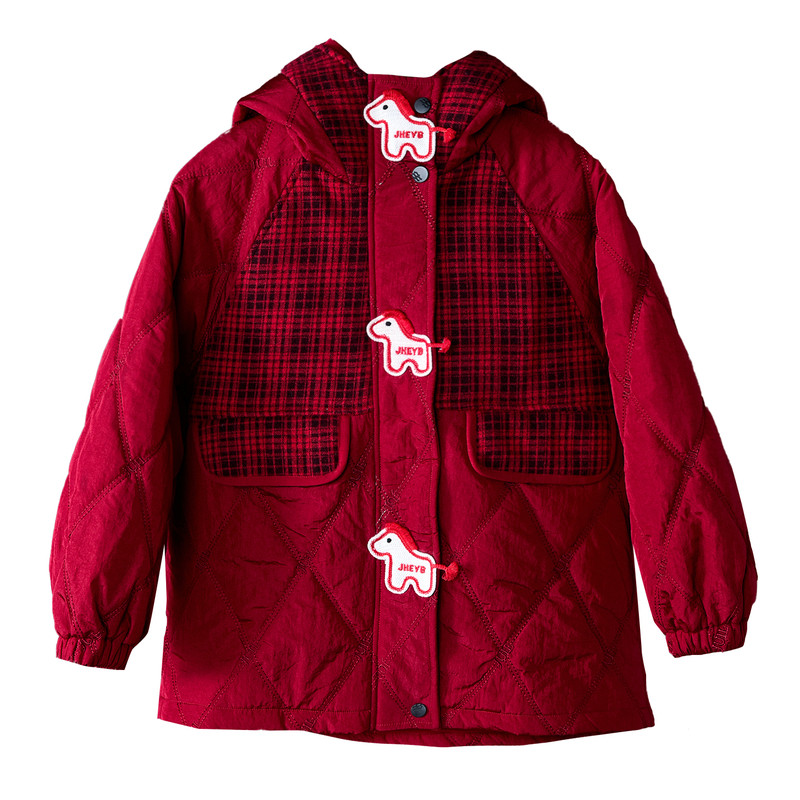 女童黑色棉服外套2026新款年装儿童夹棉加厚连帽拼接棉衣拜年服潮