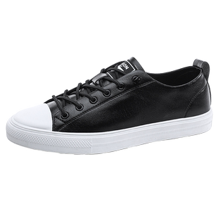 皮鞋男平板鞋潮流百搭小白鞋男款休闲鞋皮面软底潮鞋白底黑色2025