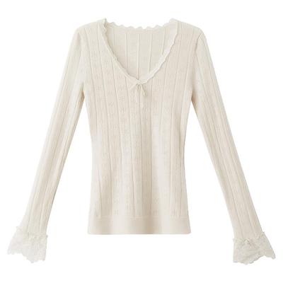 夕蒙2025新款秋季韩系设计感上衣气质小众修身蕾丝拼接v领针织衫