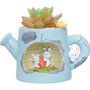 如果小兔子花洒多肉花盆创意个性盆栽树脂可爱卡通微景观装饰摆件