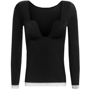 德绒保暖内衣女款冬季加绒发热带胸垫黑色v领内搭打底衫上衣秋衣