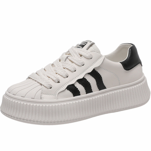 厚底小白鞋女春秋百搭休闲板鞋贝壳头真皮加绒厚底饼干鞋大码43码