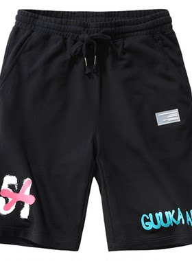 GUUKA黑色运动五分裤男潮牌 青少年嘻哈涂鸦印花纯棉休闲短裤宽松