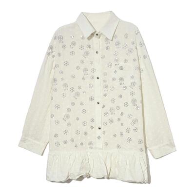 TCH春季烫钻雪花宽松翻领荷叶下摆甜美减龄衬衫外套女T78A13E1009