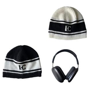 迪丽热巴Mona同款针织帽LC字母黑白条纹小香风毛线帽子护耳冷帽冬