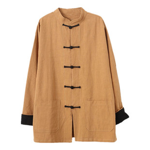 中国风春秋棉麻唐装男士盘扣上衣撞色长袖衬衫复古文艺禅茶居士服