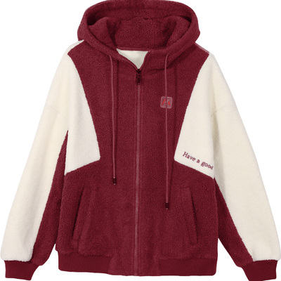 撞色连帽双面绒绣花毛呢外套