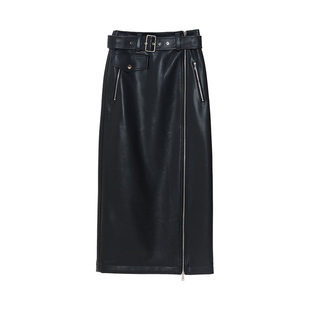 IAmMIX27秋冬黑色PU皮半身裙女高腰加厚不对称过膝直筒皮裙女长裙