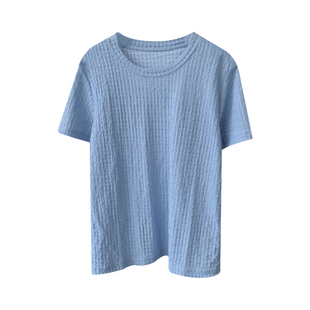 褶皱肌理短袖T恤女类似雪纺质感圆领薄款夏季显瘦蓝色夏T恤上衣女