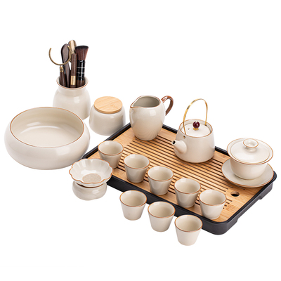 米色汝窑茶具茶台一套防烫提梁壶茶杯待客家用功夫茶套装泡茶专用