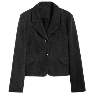 达佳诗灰色加厚毛呢套装女韩系穿搭一整套深冬毛呢短外套西装套裙