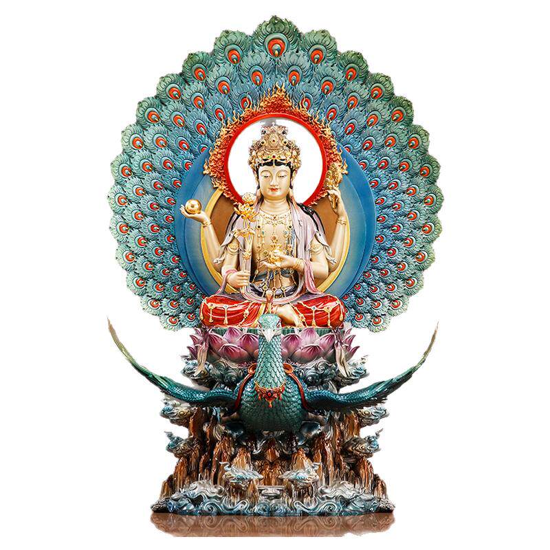 圆通缘纯铜孔雀明王神像供奉摆件