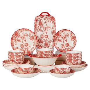 釉下彩碗筷套装红色碗家用2025新款红色鱼盘过年盘子菜盘碗碟套装