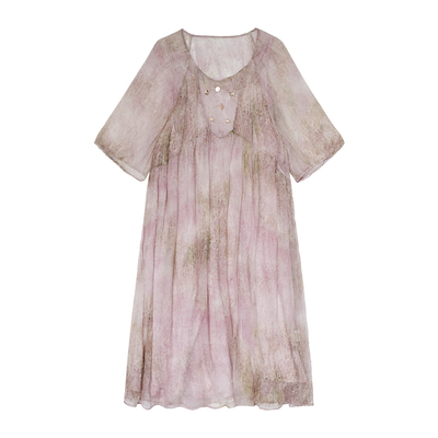 安妮森林100蚕丝梦境粉连衣裙