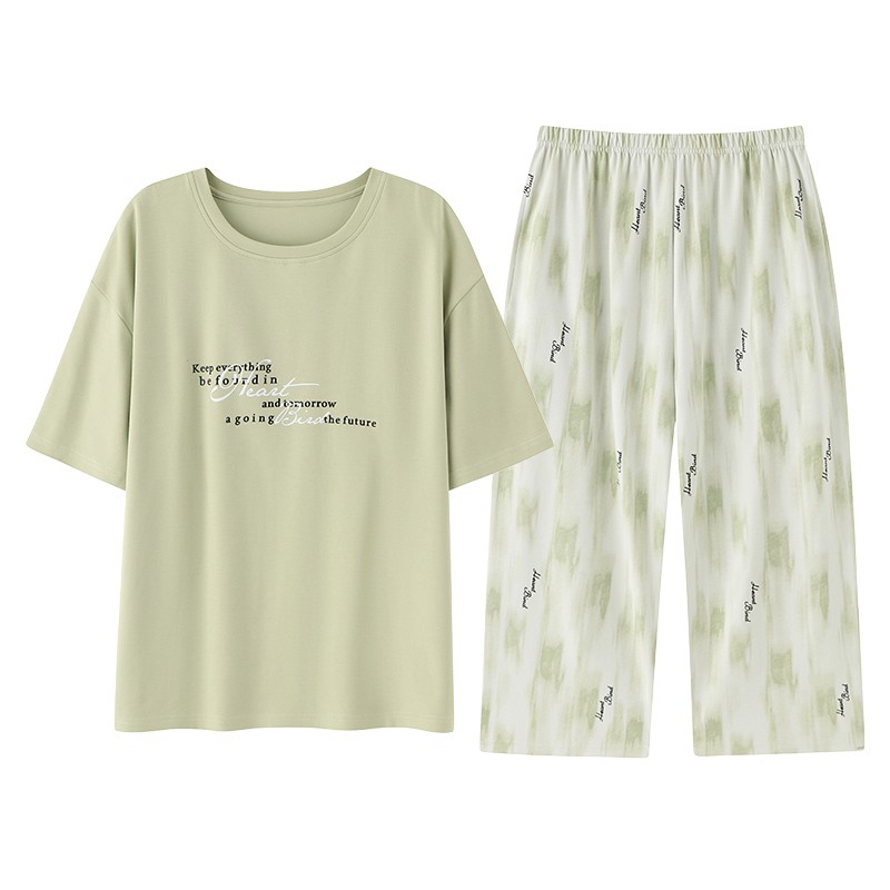 广东汕头品牌纯棉睡衣女士夏季宽松短袖七分裤凉感家居服休闲套装