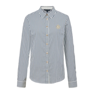 POLOWALK女士条纹衬衫秋冬新款通勤翻领上衣开衫优雅长袖休闲衬衣