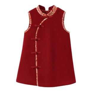 尼多熊冬季新款儿童新年毛呢连衣裙外套旗袍女宝新中式盘扣过年服