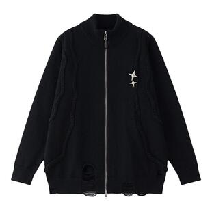 BOYUE帛跃设计感双拉链开衫破洞毛衣轻熟风个性痞帅针织衫外套男