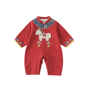 婴儿马年新年装春秋衣服宝宝红色连体衣满月百天中国风薄款拜年服