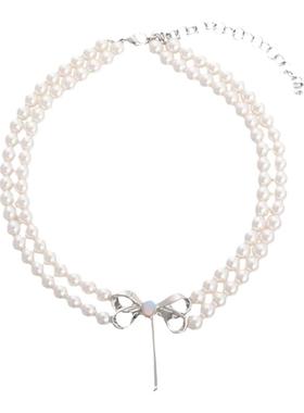 蝴蝶结双层珍珠项链原创小众设计高级感珍珠吊坠配饰时尚百搭颈链