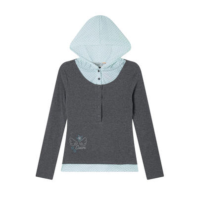 美式复古假两件波点拼接长袖T恤