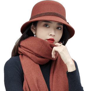 羊毛帽子冬款女显脸小围巾一体保暖帽子女冬百搭时尚秋冬季渔夫帽