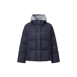 VGRASS25冬新款可脱卸撞色针织帽时髦绗缝短款牛仔羽绒服90白鹅绒