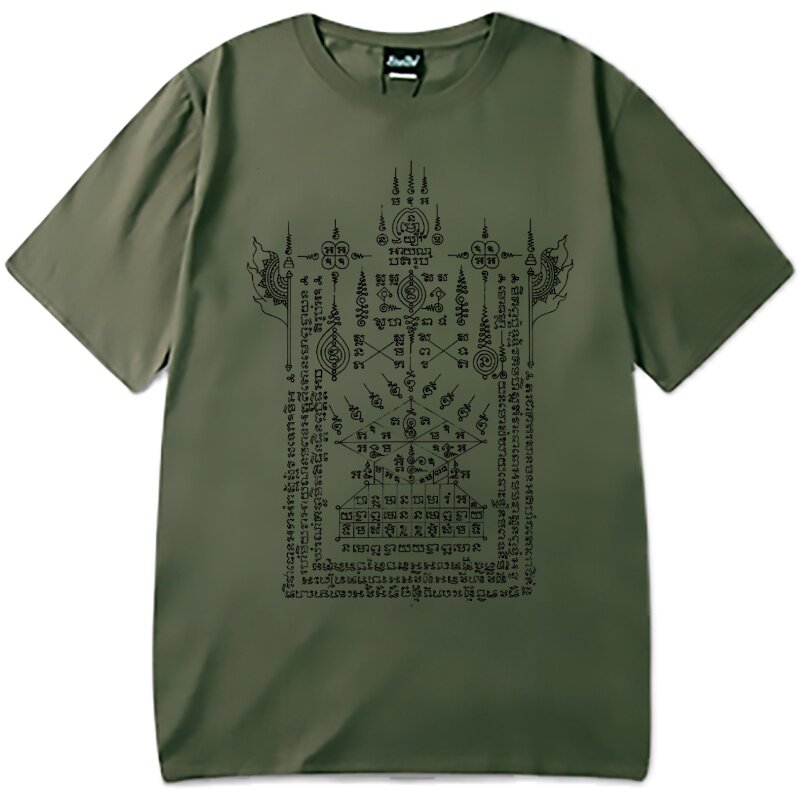 美式重磅刺符佛牌泰国经文纹身衣服港风纯棉圆领短袖宽松t恤定制