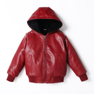 男童皮衣外套秋冬2023新款儿童男孩PU皮夹克加绒宝宝连帽厚外衣潮