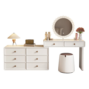 实木梳妆台卧室简约现代收纳柜复古风床尾伸缩奶油白化妆桌法式