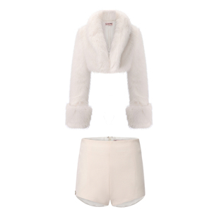 le palais vintage原创斯拉夫贵妇 环保狐狸毛纯白短外套高腰短裤