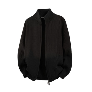 GV真维斯开衫毛衣男秋冬高级慵懒风男生立领拉链黑色针织衫外套C