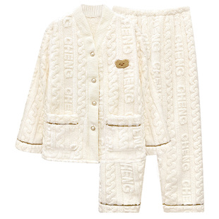 珊瑚绒女士睡衣秋冬新款时尚洋气加绒加厚可外穿家居服套装Y147