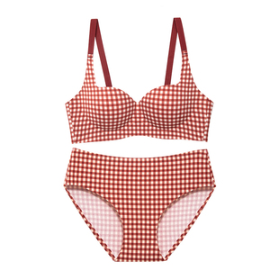 猫人内衣女士小胸聚拢显大格子提拉上托收副乳防下垂文胸内裤套装