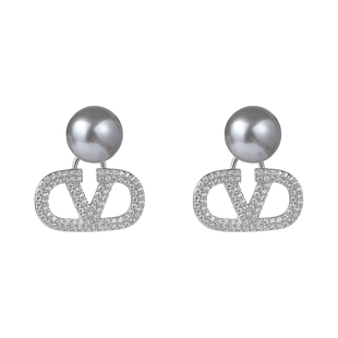 法式气质灰色珍珠满钻字母v耳环 轻奢高级感精致前后两戴耳钉耳饰